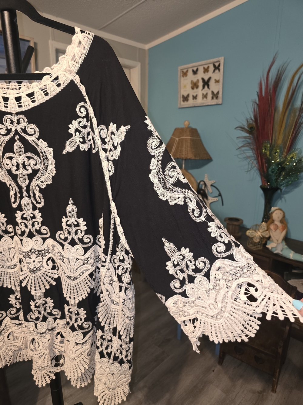 Black Tunic with Cream Lace Embroidery - Women - Picture 8 of 14